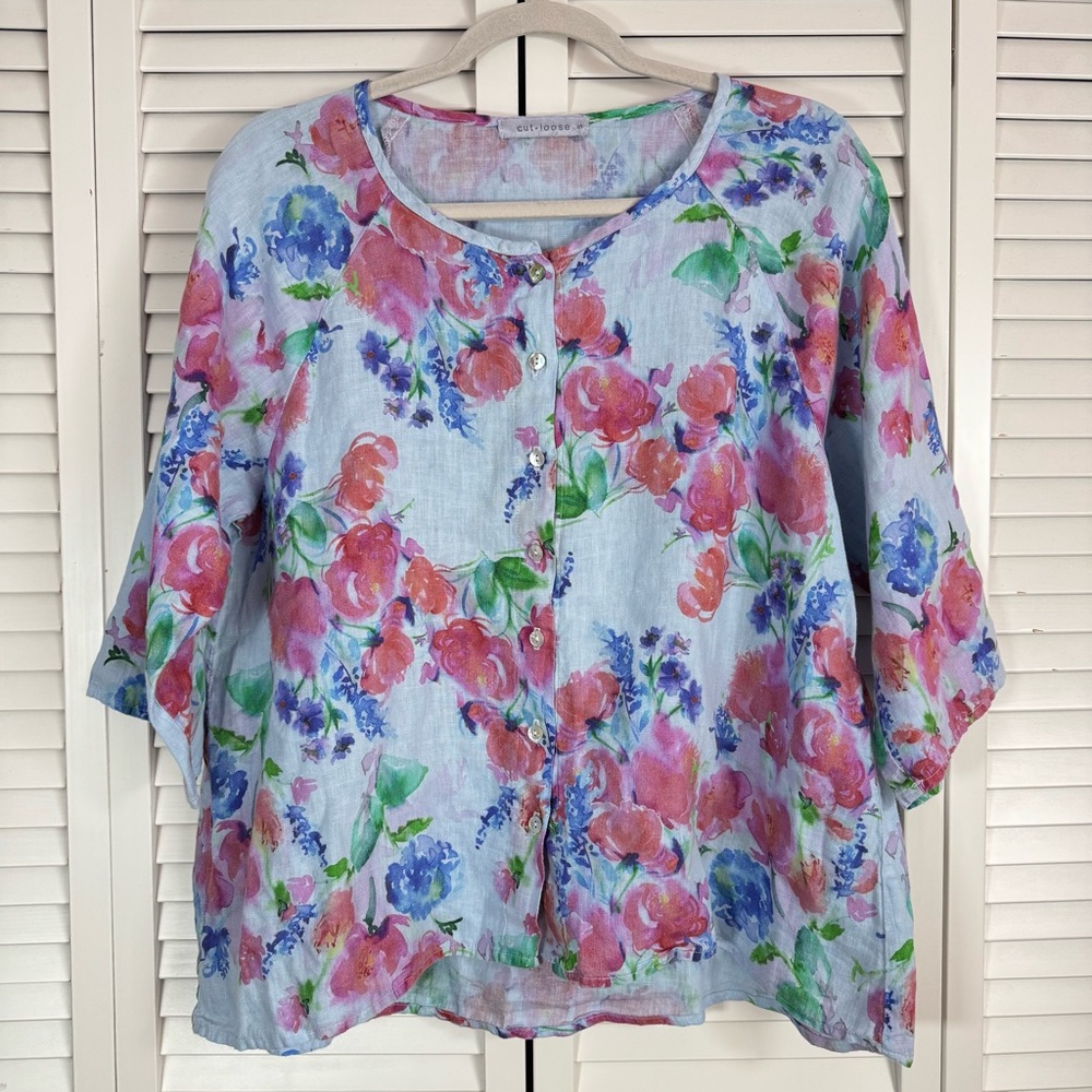 Cut Loose Linen Floral Collarless Short Sleeve Button Up Shirt Blouse Blue Small